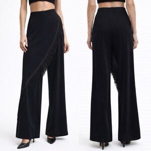Vintage JS Boutique Fringe Wide Leg Pants High Rise Black Tassel Scarf Detail, 6
